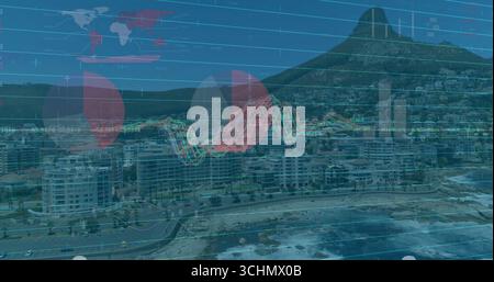 Displaying coastal skyline overlaying finance charts on rocky oceanfront boulevard, with mountain Stock Photo