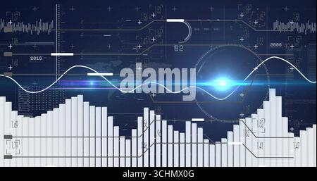 Displaying circular HUD element with blue flare on dashboard, with bar chart and line graph Stock Photo