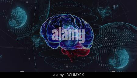 Glowing translucent brain model floating in virtual data space with globe wireframes, data rings Stock Photo