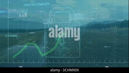 Displaying transparent circuit padlock icon glowing in grassy field, with green key graphic overlay Stock Photo