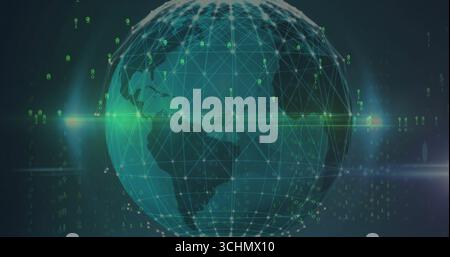 Spinning digital globe showing network grid in digital scene with green binary code, lens flare Stock Photo