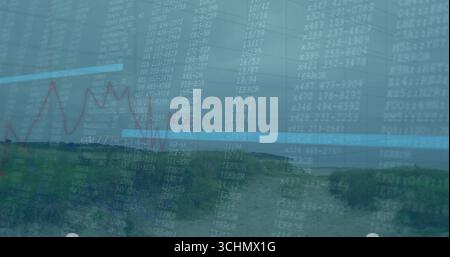 Showing sandy path winding at beachside trail, overlaying alphanumeric codes, blue bars, red graph Stock Photo