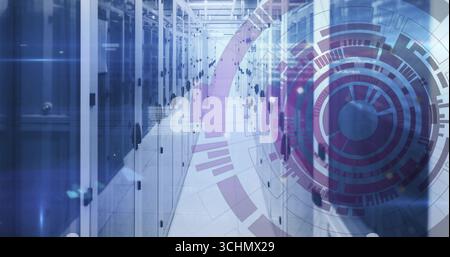 Displaying rows of server cabinets lining data center corridor, with holographic interface overlay Stock Photo