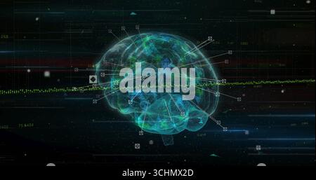 Displaying 3D wireframe brain hologram in grid, with illuminated nodes and streaming green points Stock Photo