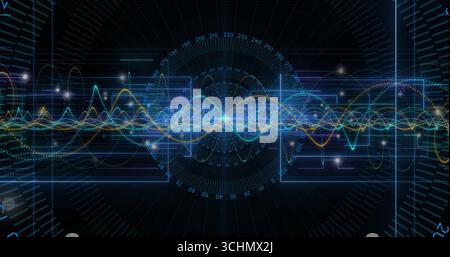 Displaying multicolor waveform streaming in control panel with numeric scales, translucent overlays Stock Photo