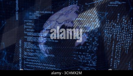 3D globe rotating in virtual interface, with grid mesh, floating code and data streams Stock Photo