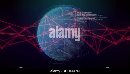 Hovering digital Earth globe with translucent wireframe mesh and magenta network web in cyberspace Stock Photo