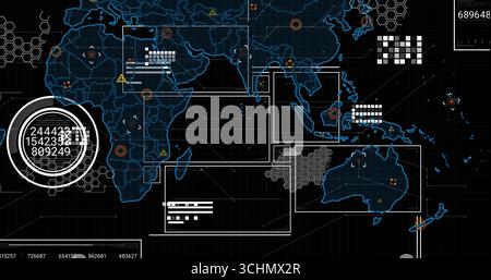 Displaying digital map interface showing data overlays on dark grid with hexagons and warning icons Stock Photo