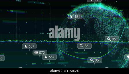 Displaying stylized data globe in virtual dashboard, with floating metric callouts and dot stream Stock Photo