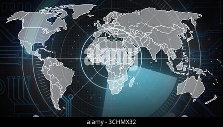 Displaying world map sweeping under scanning beam in console, with radar rings, circuit graphics Stock Photo