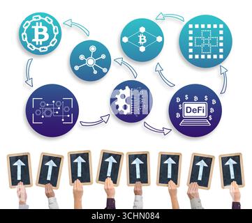 Hands holding writing slates with arrows pointing on defi concept Stock Photo