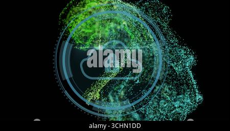 Animating cloud icon with padlock within concentric circles in void, emitting green teal particles Stock Photo