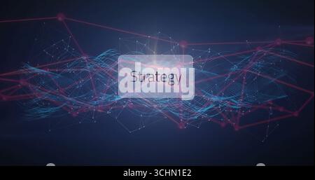 Displaying translucent panel highlighting Strategy in digital network, with glowing nodes and lines Stock Photo