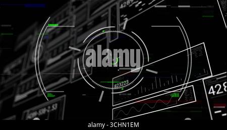 Displaying central circular reticle and crosshair on virtual interface, with angled data panels Stock Photo