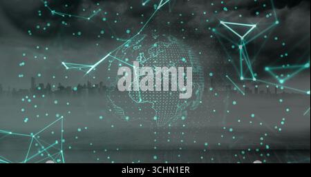 Displaying digital globe hovering above wooden deck with fog, skyline silhouette and network nodes Stock Photo