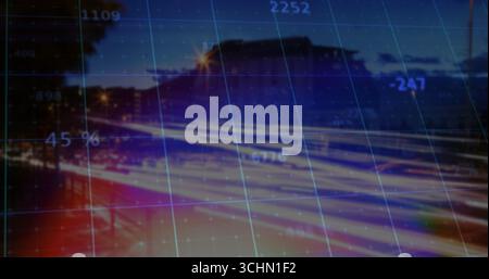 Showing vehicle light trails streaking along highway at night, with translucent data grid overlay Stock Photo