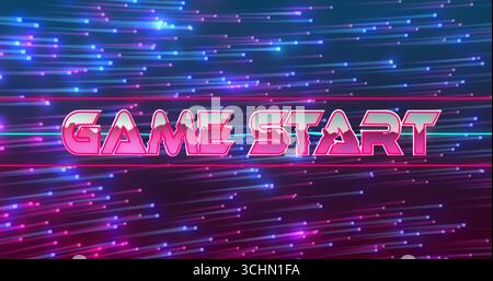 Displaying neon pink GAME START text on retro wave gaming screen, with moving light streaks Stock Photo