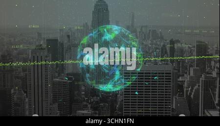 Hovering holographic globe streaming data points over urban skyline, with neon waveform and codes Stock Photo