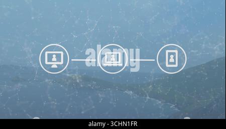 Displaying monitor laptop and phone icons connected with node overlay in coastal interface backdrop Stock Photo