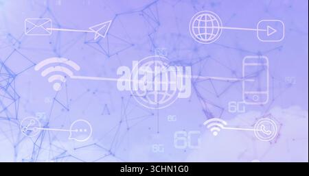 Displaying line icons of globe envelope smartphone and WiFi connecting nodes on purple background Stock Photo