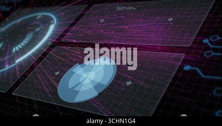 Displaying blue circular hologram floating over grid floor, with magenta streams and circuit icons Stock Photo