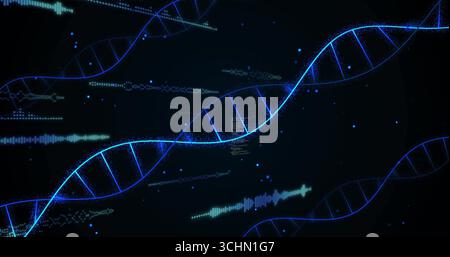 Displaying neon blue DNA helix twisting in data space, with cyan waveforms and pixel sequences Stock Photo