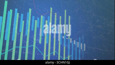 Displaying vertical bar chart on screen with red and cyan line graphs and grid network lines Stock Photo