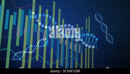 Displaying central DNA helix in virtual data display, combining bar charts and overlaid line graphs Stock Photo