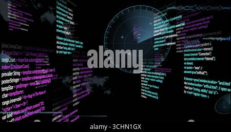 Displaying circular radar overlay scanning digital interface, with code streams and map, copy space Stock Photo