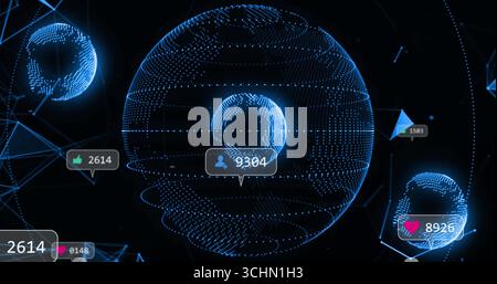 Central blue globe linking smaller spheres in digital network, showing icon callouts and counters Stock Photo