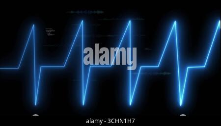 Displaying neon-blue ECG waveform running horizontally across digital monitor interface, heartbeat Stock Photo