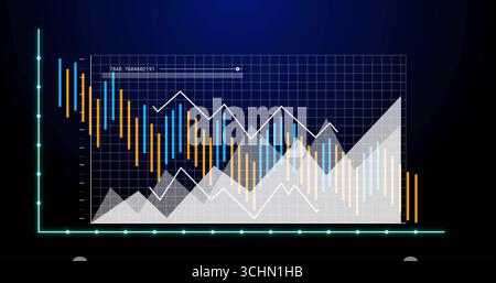 Displaying multi series chart on dark backdrop, with white grid, cyan axes and orange blue bars Stock Photo