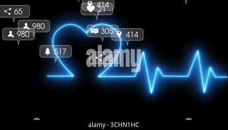 Displaying neon-blue ECG waveform tracing heart shape on black interface, showing notifications Stock Photo