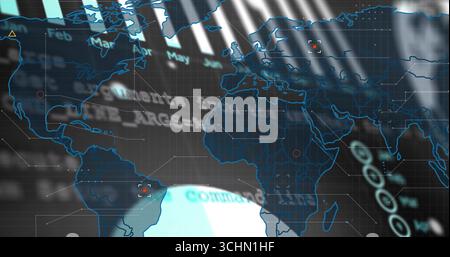 Displaying holographic blue map overlay hovering on dashboard, with red markers and glowing sphere Stock Photo