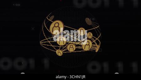 Rotating wireframe globe linking gold user icons with curved lines in network showing binary digits Stock Photo