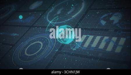 Floating central glowing 3D wireframe sphere in digital interface, with radar graph and bar chart Stock Photo