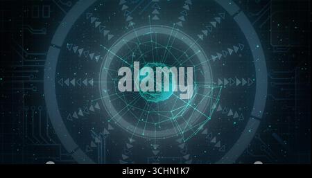 Rotating wireframe sphere pulsing on virtual UI, with rings, mesh, radial arrows and particles Stock Photo