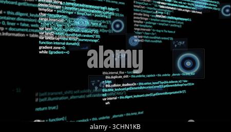 Displaying floating code blocks and UI panels in interface with circular targets and map thumbnails Stock Photo