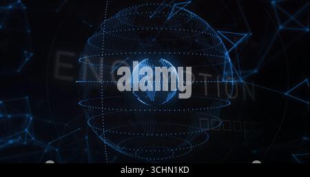 Displaying wireframe globe inside dotted sphere in dark cyberspace, with encryption text and nodes Stock Photo