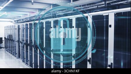 Displaying digital padlock icon hovering in holographic circle over server aisle, with server racks Stock Photo