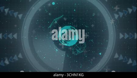 Glowing teal wireframe sphere floating in virtual UI, with nodes, plus symbols, arrows, radar rings Stock Photo