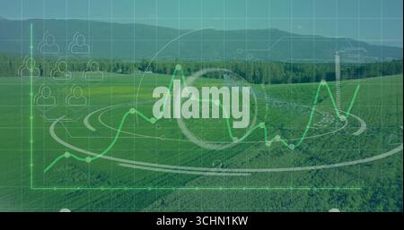 Floating analytics interface over rural farmland, showing line graph, HUD, cube and grid overlay Stock Photo