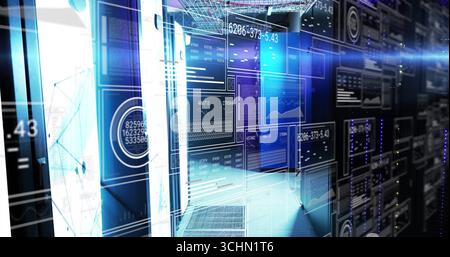 Displaying holographic data panels floating over server racks in data center, with blue LED lights Stock Photo