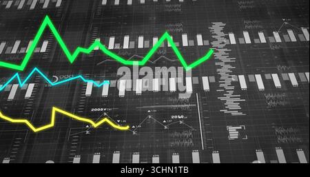 Displaying colored line graphs and gray bars on grid dashboard display, with year annotations Stock Photo