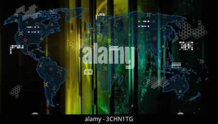 Showing blue world map visualizing network data in interface with hexagon clusters and nodes Stock Photo