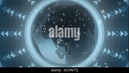 Displaying digital grid globe rotating in dashboard, with HUD ring arrows and crosshair dots Stock Photo