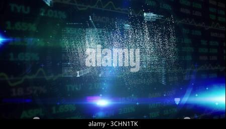 Rotating white particle sphere in futuristic dashboard, with stock tickers and percent values Stock Photo