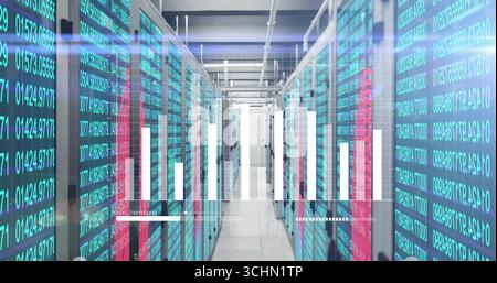 Glowing server racks lining narrow data center aisle, with holographic chart and numeric overlay Stock Photo