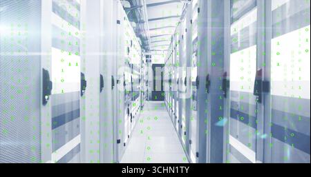 Displaying datacenter corridor hosting server rack cabinets and network switches, binary code flow Stock Photo
