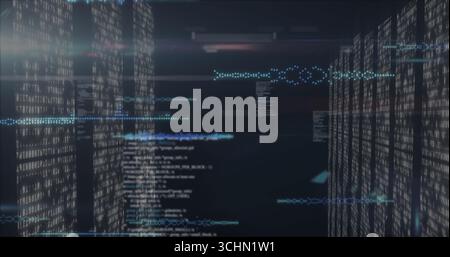 Displaying translucent panels scrolling alphanumeric code in cyberspace, with binary streams Stock Photo